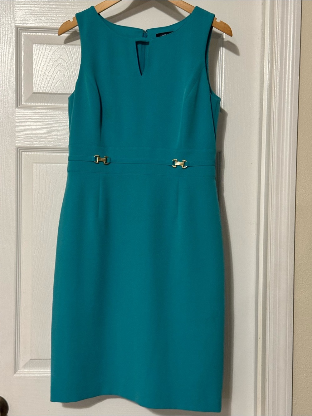 Tahari Sleeveless Teal Sheath Dress with Gold Accent